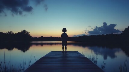 Fototapeta premium Solitary Silhouette at Twilight Child on Dock Gazing at Fading Sky