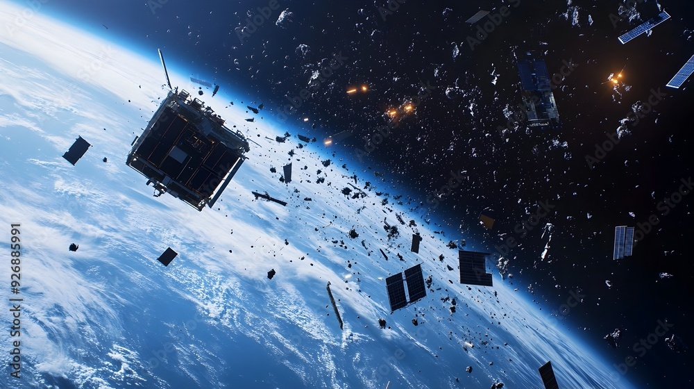 Aufkleber space debris monitoring satellite capturing data on nearby space junk cluster