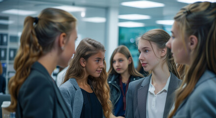 Fototapeta premium Young Girl in professional attire standing in an office, looking confident. Their serious expressions and the modern setting reflect their focus on future success and leadership.