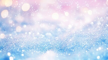 Ethereal Winter Celebration Banner with Snow Bokeh and Glittering Lights, Pastel Blue and Gold Themed Design for Christmas or New Year's Festivities, Copy Space Included