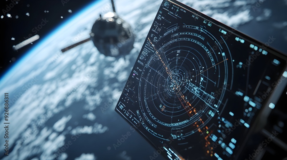 Aufkleber spacecraft s radar system actively tracking space debris with data visualization