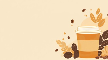 This graphic features a warm coffee cup surrounded by coffee beans and leaves, perfect for a coffee shop newsletter. copy space