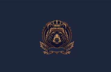 Bear king royal crest style logo apparel clothing design vector illustration