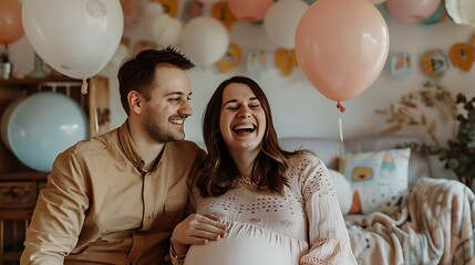 Pregnant woman and her partner with laughing together at home for celebrating baby shower balloons and decorations in joyful family moment concept