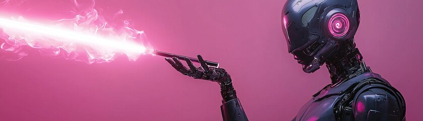 Futuristic android robot in a cyberpunk witch costume, holding a glowing staff, isolated on a solid purple background with ample copy text space