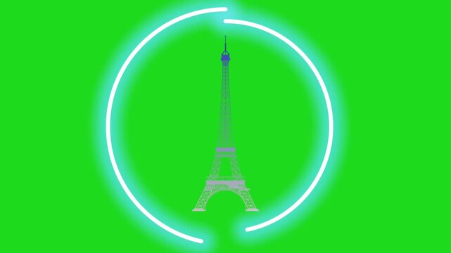 Animation of two lines of neon Progres blue and white and the Eiffel Tower logo in the middle and has a green background 
