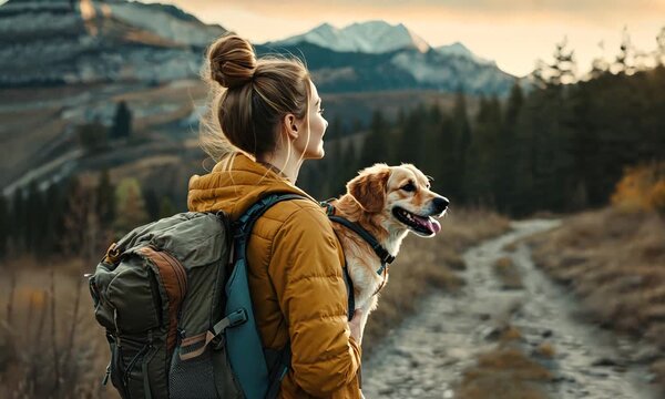 Girl hiking with dog in backpack