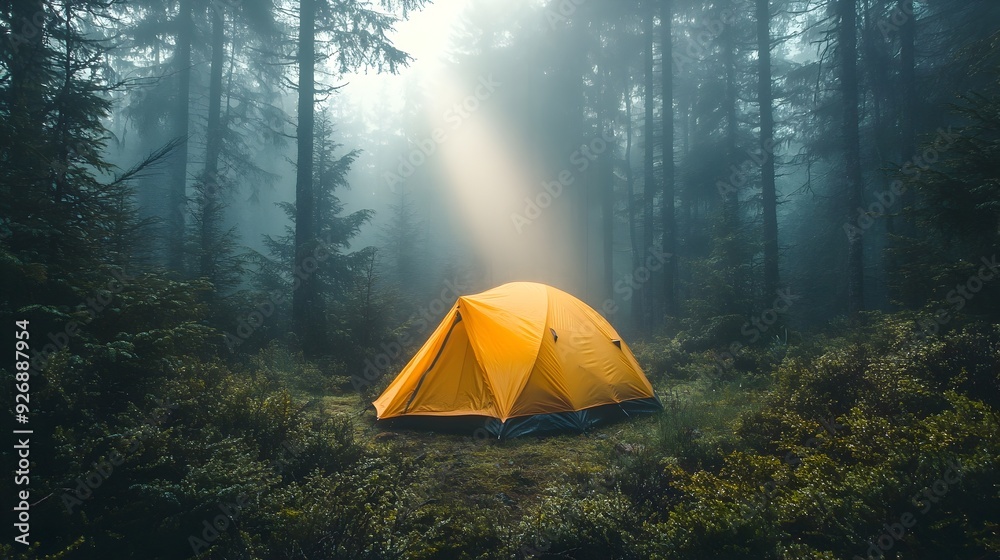 Poster tent glowing in foggy forest with beams of light breaking through mist