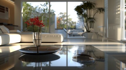Modern Living Room Interior with Glass Table and Flowers