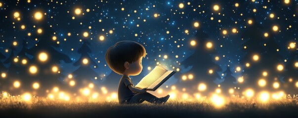 Fototapeta premium A child reading a book under a starry sky filled with glowing lights, evoking a sense of wonder and imagination.