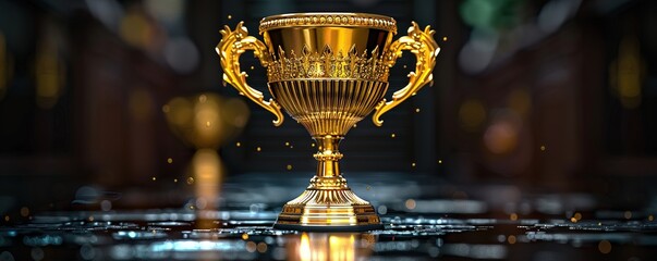 A gold cup resting on a sleek black surface. 