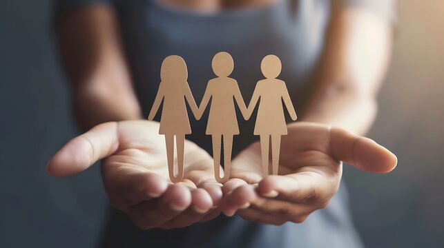 Person's hands holding three paper cutout figures of people, symbolizing family, unity, and support.