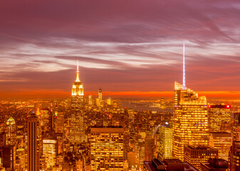 Night view of New York Manhattan during sunset