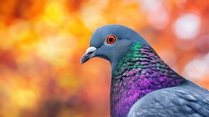 Closeup of a Pigeon with Iridescent Feathers Against a Blurred Orange Background