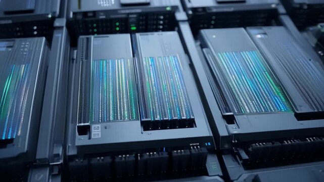 The camera zooms in on a server rack with impressive storage capacity filled with SSDs and flashing lights symbolizing the synergy between tingedge cloud computing and machine