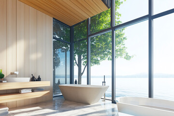 Fototapeta premium Luxury minimalist bath room, two floor high ceiling. Lake view outside the window. Spacious modern bathtub.