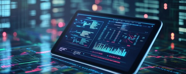 digital tablet displaying advanced data analytics and graphs on a futuristic interface.