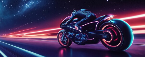 Futuristic motorcycle racing through neon-lit space, showcasing speed and technology in a vibrant sci-fi landscape.