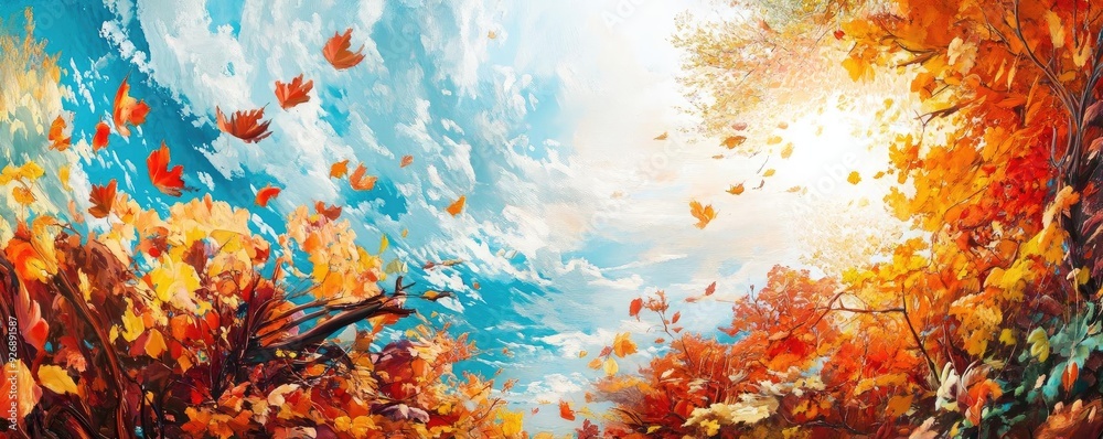 Wall mural A vibrant autumn landscape with bright orange leaves, a clear blue sky, and sunlight filtering through the trees.