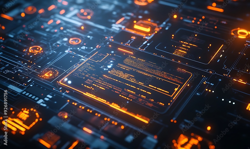 Poster Cyber Security System Assessing Risks with Glowing Indicators in Modern Interface
