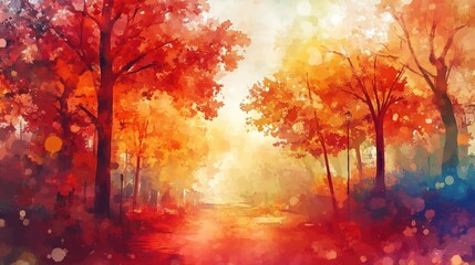 Vibrant autumn landscape showcasing colorful trees and a dreamy atmosphere, perfect for evoking a sense of tranquility and warmth.