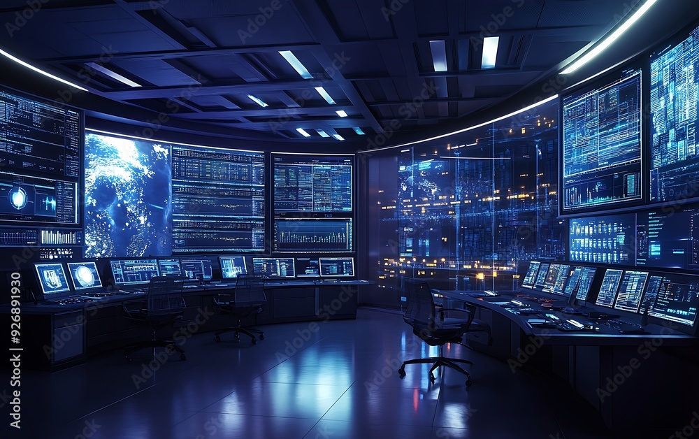 Poster futuristic control room for managing cyber risks with live data and risk assessments