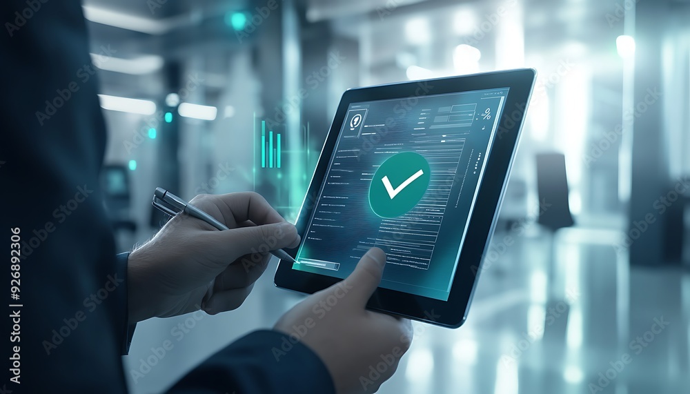 Poster Digital Interface Displaying Approved Business Document on Tablet