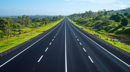 A wide asphalt highway with a smooth surface stretches through an expansive