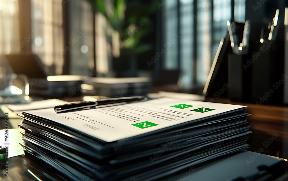 Poster Stack of Business Documents with Green Check Marks and Digital Signature Pad
