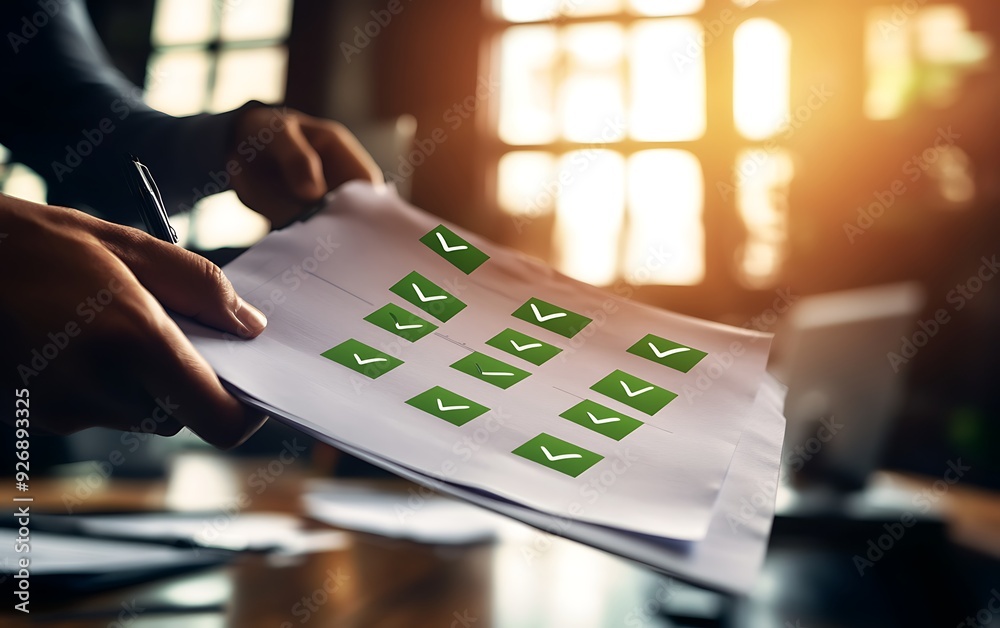 Poster business leader reviewing strategy document with completed tasks in dynamic office