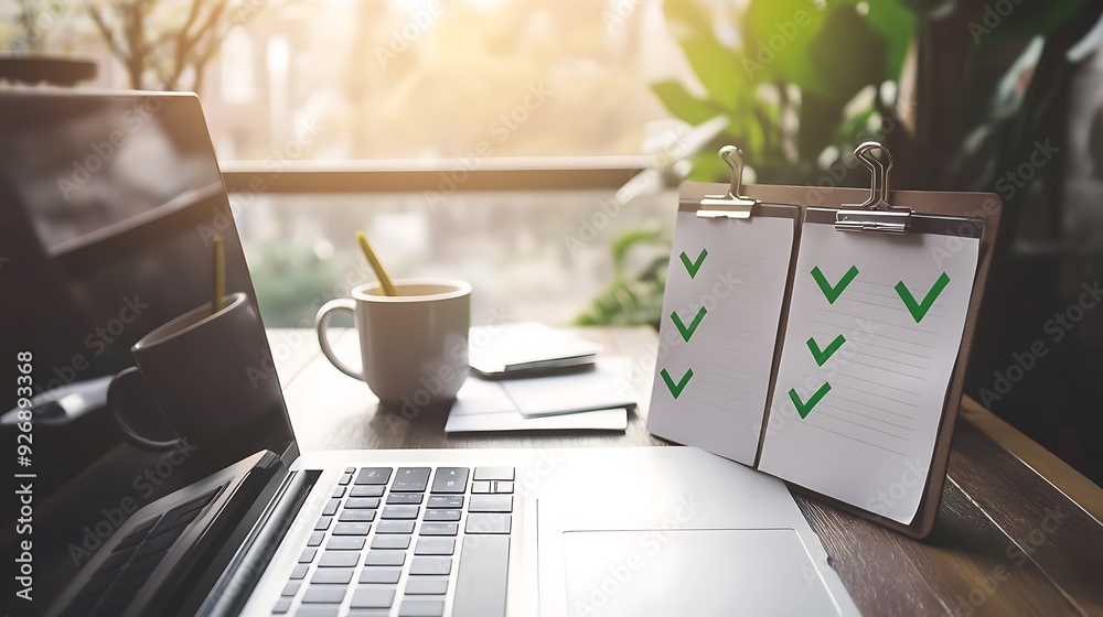 Poster Business Task List with Completed Tasks and Green Check Marks on Office Desk