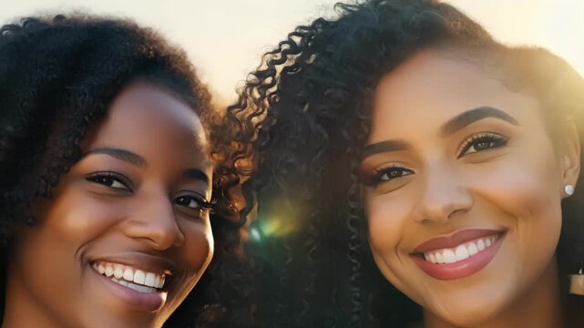 Three young professionals laughing and smiling in the city at golden hour, forming a diverse and strong bond of friendship