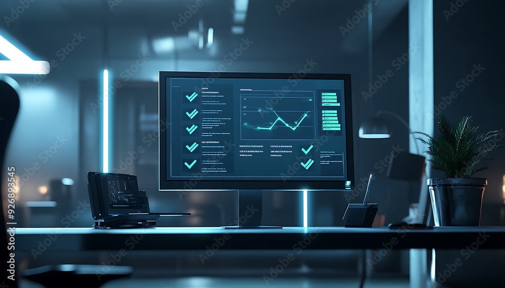 Poster Digital Task Management Dashboard with Green Check Marks in High-Tech Office