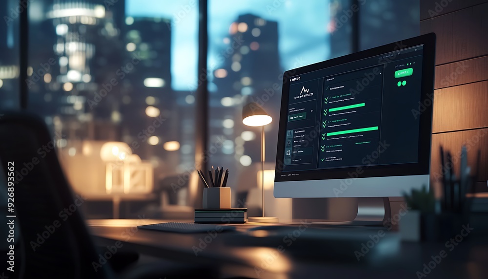 Poster Digital Task Management Dashboard with Green Check Marks in High-Tech Office