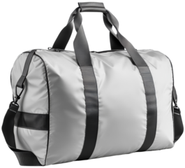 A sleek, modern duffel bag in silver, perfect for travel, gym, or everyday use, featuring sturdy handles and a spacious interior. cut out, PNG, isolated on transparent background.