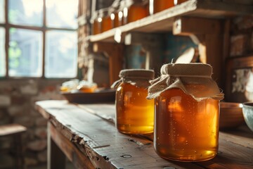 Jar of honey in the apiary