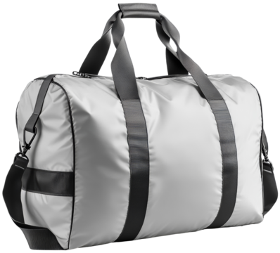 A sleek, modern duffel bag in silver, perfect for travel, gym, or everyday use, featuring sturdy handles and a spacious interior. cut out, PNG, isolated on transparent background.