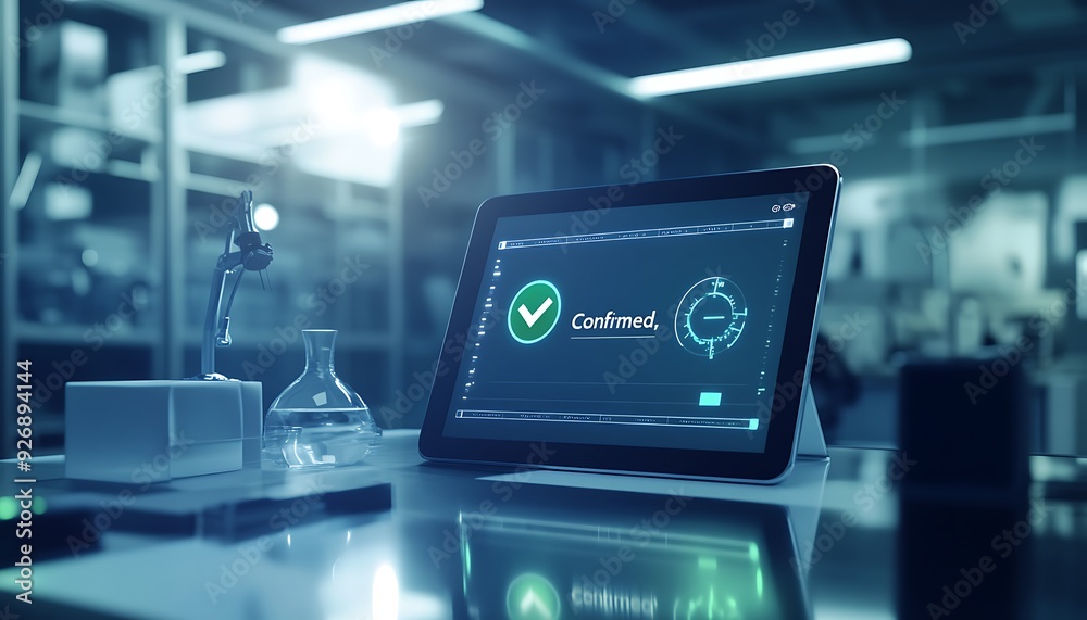 Poster digital interface confirming business deal with green check mark on tablet