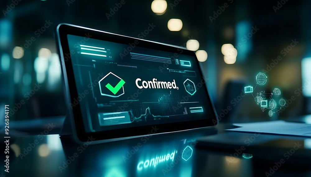 Poster digital interface confirming business deal with green check mark on tablet