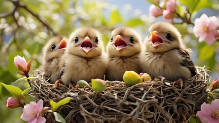 A bunch of ravenous young birds are waiting to be fed while they sit in their nest atop a blossoming tree. Tiny birds wail. famished, perched, bald, crying, flock, animal, and environment