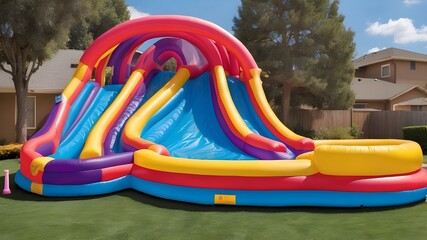 Water slide with an inflatable bounce house in the garden and a colorful bouncy castle