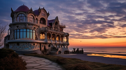 Fototapeta premium Ornate Art Nouveau mansion with intricate details by the beach at sunset. Dramatic sky with clouds and vibrant colors. Concept of luxury and architecture.