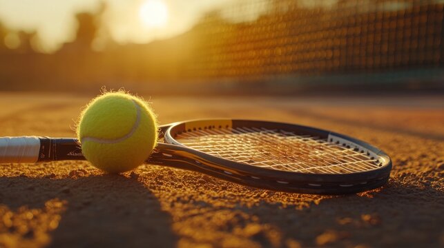 Tennis Racket and Ball on a Clay Court at Sunset
