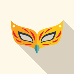 Festive yellow and red carnival mask, adorned with a bird like design, evokes the spirit of mardi gras