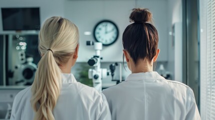 Obraz premium Rear view of ophthalmologist and her patient looking at time on clock after eye surgery at clinic. 