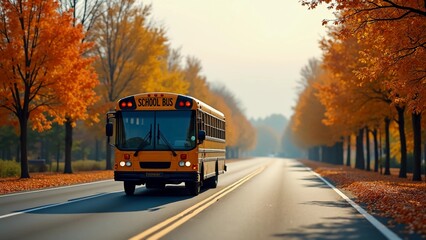 Fototapeta premium School bus running on the highway among autumn trees