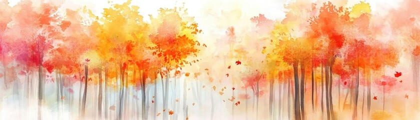 Fototapeta premium A vibrant watercolor painting of autumn trees with fiery orange and yellow hues, capturing the essence of fall's beauty.