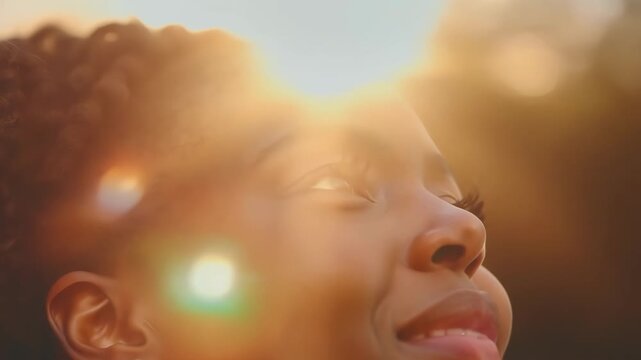 Young black woman looks up with hope and optimism, smiling peacefully in the warm sunlight. Her expression radiates positivity and inspiration, capturing a moment of faith and dreaming