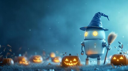 Android robot in a witch's hat, holding a broomstick, surrounded by glowing jack-o-lanterns with space for copy text