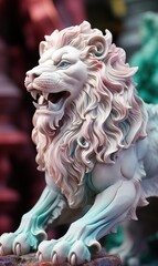 marble stone lion statue against pastel coloured iridescent background
